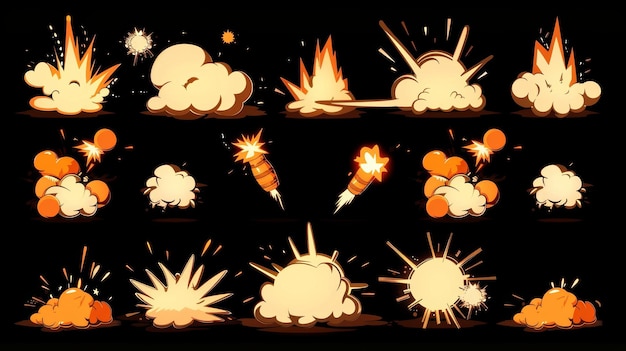 Photo une feuille de sprite animée d'une séquence d'explosion de bombe un jeu de dessins animés modernes en 2d de l'effet d'éclat de la dynamite ou de l'impact d'une fusée avec du feu