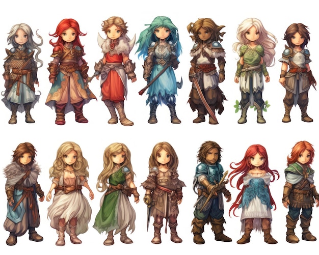 Feuille de sprite de personnage de jeu d'illustration de NPC isolée sur fond blanc référence de conception de jeu