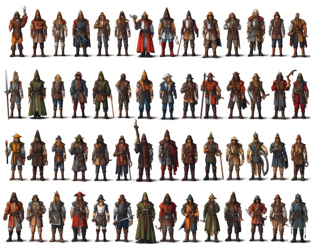 Feuille de sprite de personnage de jeu d'illustration de NPC isolée sur fond blanc référence de conception de jeu