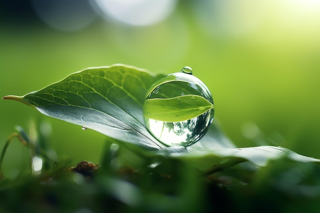 Feuille de thé vert avec des gouttes d'eau