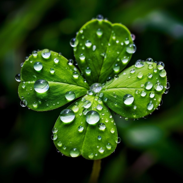 Feuille de trèfle vert avec des gouttes de rosée macro photographie gros plan