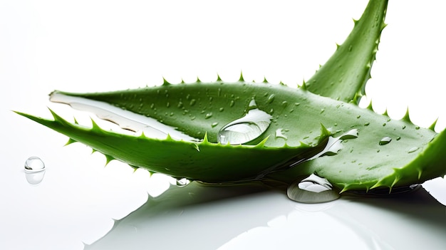 Une feuille verte d'aloe vera avec des gouttes d'eau dessus