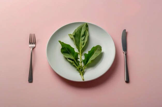 Une feuille verte est posée sur une assiette blanche vide sur la table.