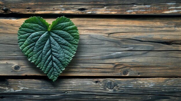Feuille verte en forme de cœur sur un fond en bois rustique symbolisant le lien avec la nature et la sensibilisation à l'environnement