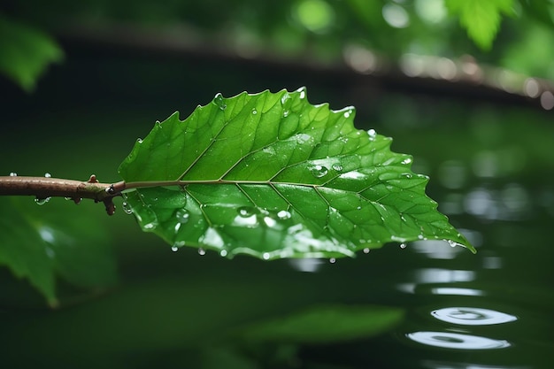 Feuille verte fraîche sur une branche humide, eau rafraîchissante