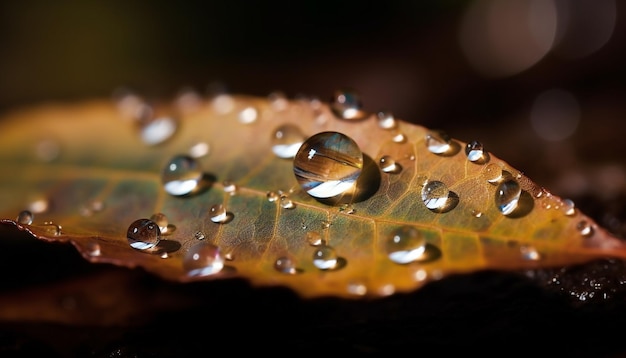 Feuille verte fraîche avec goutte de rosée en gros plan générée par l'IA