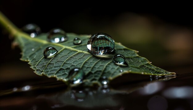 Une feuille verte fraîche avec une goutte de rosée reflète la beauté de la nature générée par l'intelligence artificielle