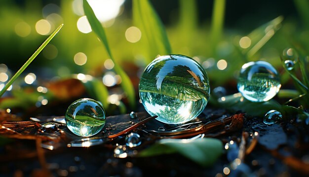 La feuille verte fraîche reflète la rosée, la nature vibrante, transparente et brillante générée par l'IA