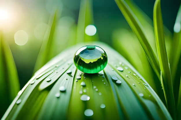 Une feuille verte avec une goutte de rosée dessus