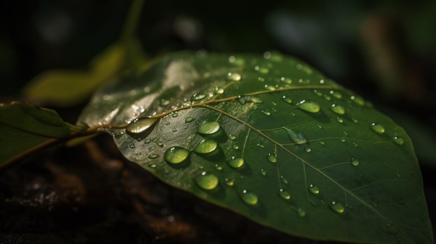 Une feuille verte avec des gouttelettes d'eau dessus Des gouttelettes d'eau sur une feuille après la pluie