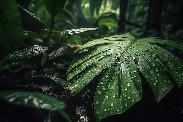 Une feuille verte avec des gouttelettes d'eau dessus