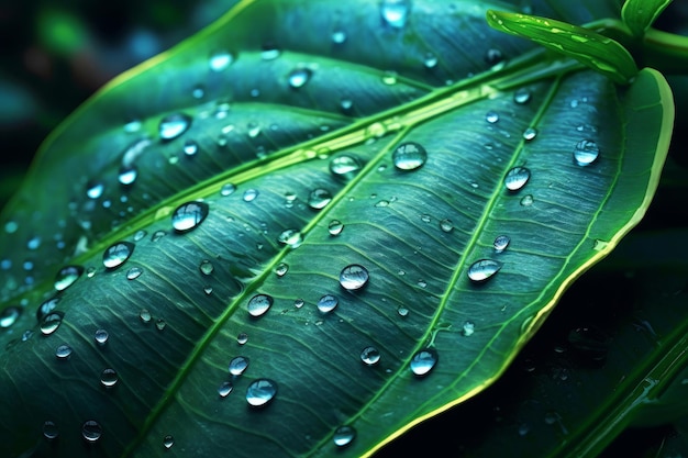 Une feuille verte avec des gouttelettes d'eau dessus