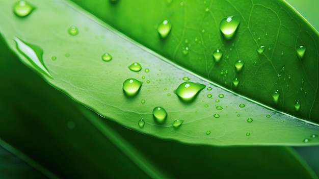 Une feuille verte avec des gouttelettes d'eau dessus