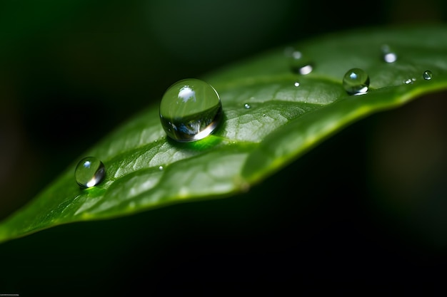 Une feuille verte avec des gouttelettes d'eau dessus