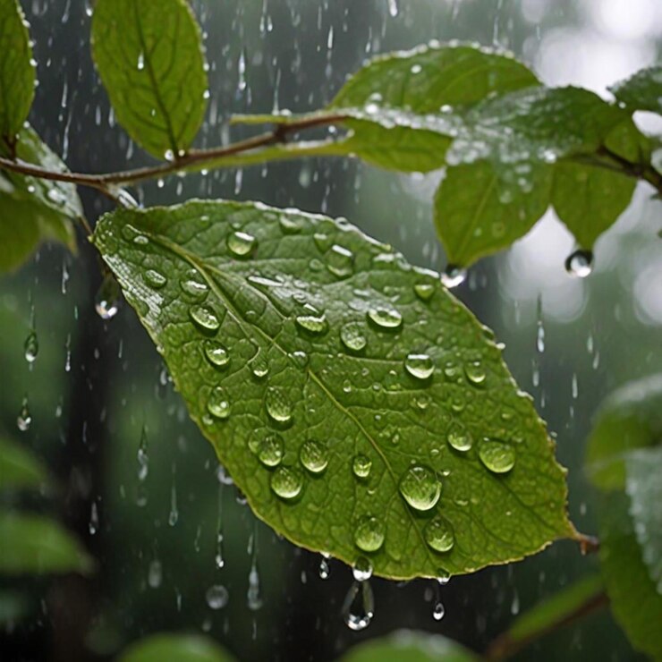Photo une feuille verte avec des gouttes d'eau dessus et une goutte de pluie dessus