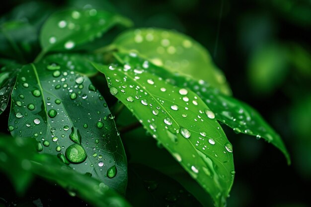 une feuille verte avec des gouttes d'eau dessus