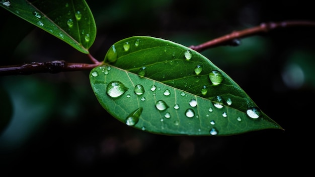 Une feuille verte avec des gouttes d'eau dessus