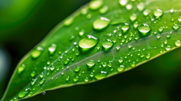 Une feuille verte avec des gouttes d'eau dessus