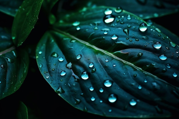 Une feuille verte avec des gouttes d'eau dessus