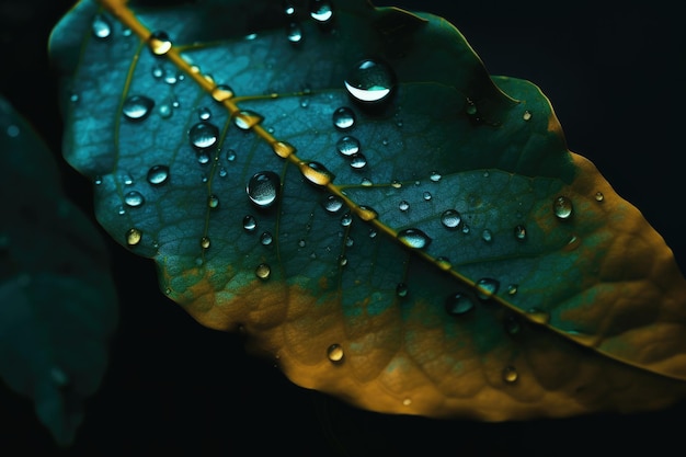 Une feuille verte avec des gouttes d'eau dessus