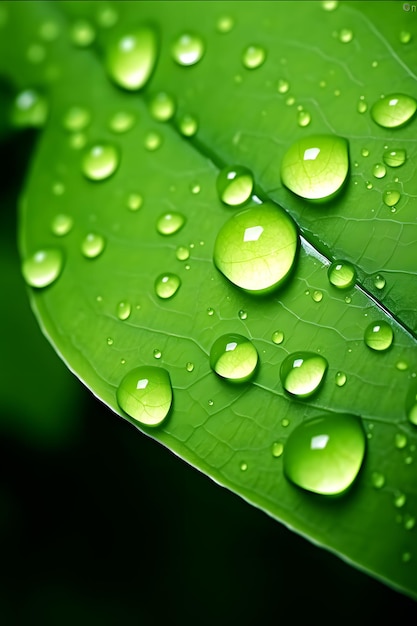 une feuille verte avec des gouttes d'eau dessus