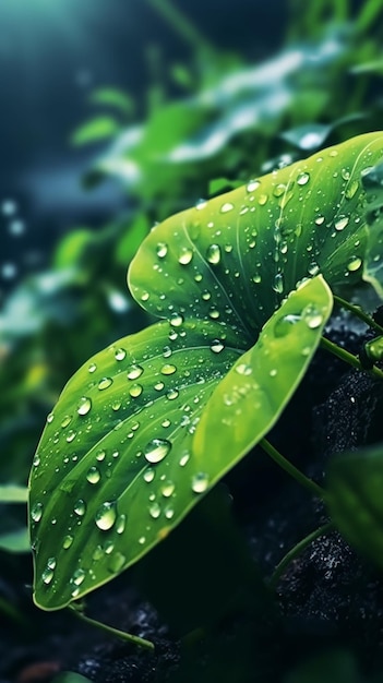 Feuille verte avec des gouttes d'eau sur le fond