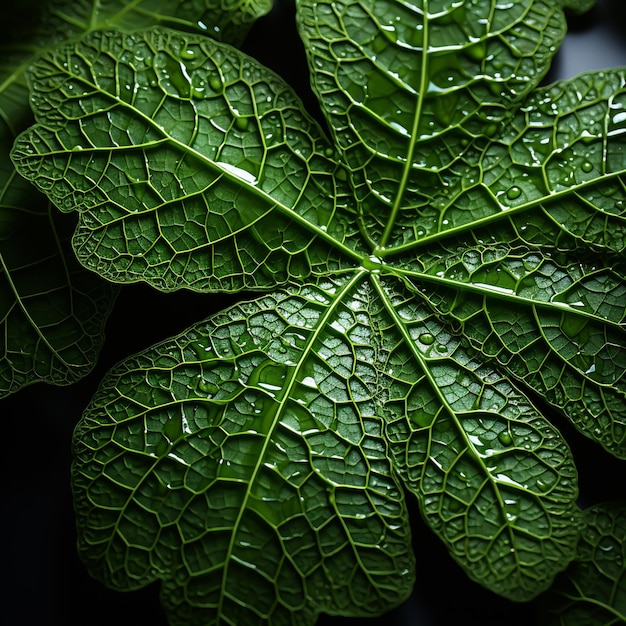 Feuille verte avec gouttes d'eau générées par l'IA