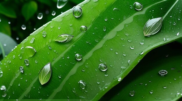 Une feuille verte avec des gouttes de pluie dessus