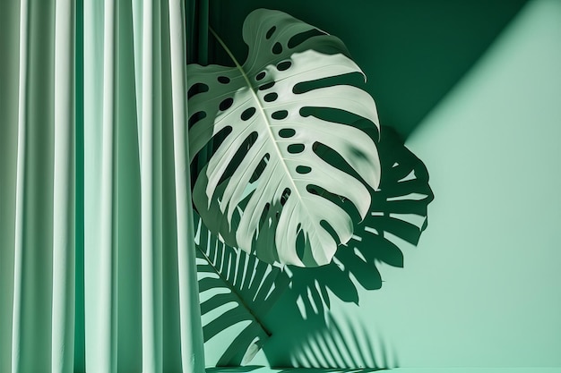 Feuille verte Monstera Fond vert clair abstrait minimal pour la présentation du produit