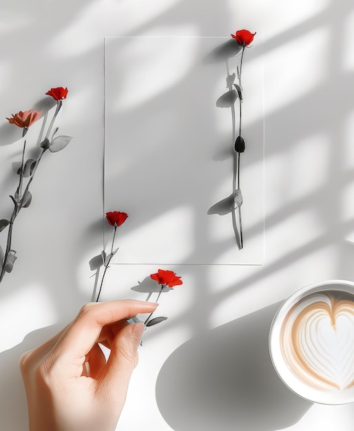 Une feuille vide de papier blanc des fleurs rouges et une tasse de café sur la table fond d'amour