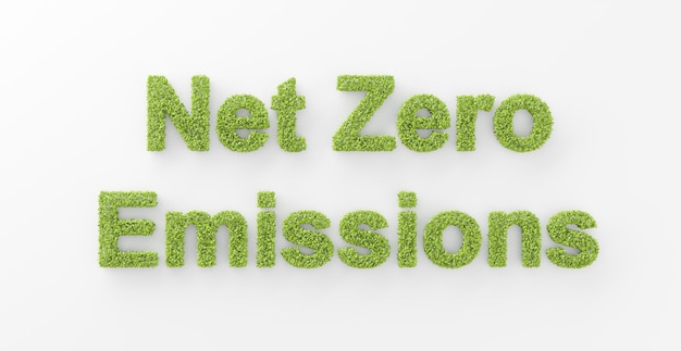 Feuilles 3D abstraites formant le texte Net Zero Emissions sur fond blanc réduire le CO2 mondial d'ici 2050 illustration de concept de politique développement de technologies d'énergie renouvelable verte pour un environnement futur propre