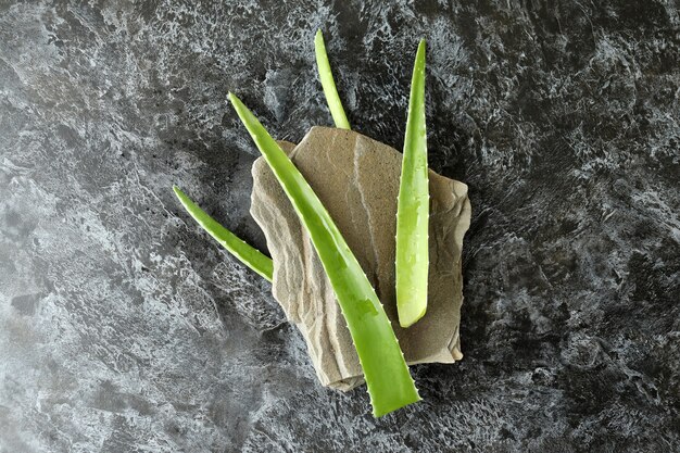 Feuilles d'aloe vera et pierre sur fond noir fumé