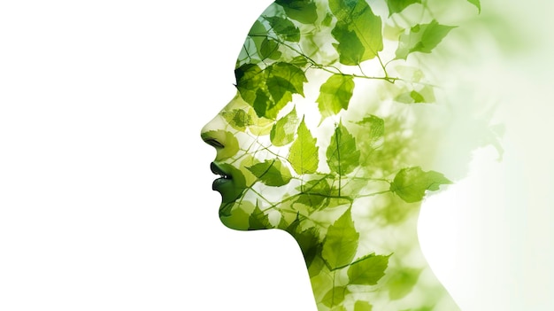 Les feuilles de l'arbre naturel se combinent avec la beauté d'une jeune femme séduisante Concept de santé mentale AI Generative