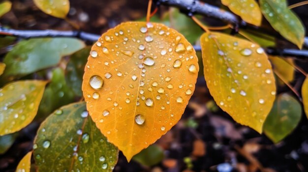 Les feuilles d'aspen avec les gouttes de pluie créent un motif coloré