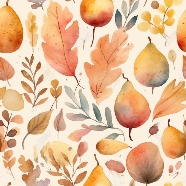 Feuilles d'automne aquarelle et poires sur fond blanc