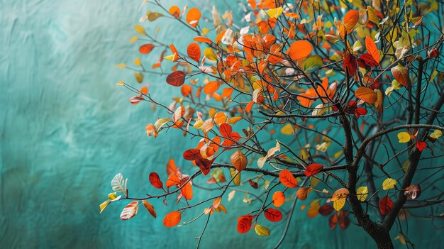 Photo des feuilles d'automne artificielles vibrantes sur un fond bleu turquoise