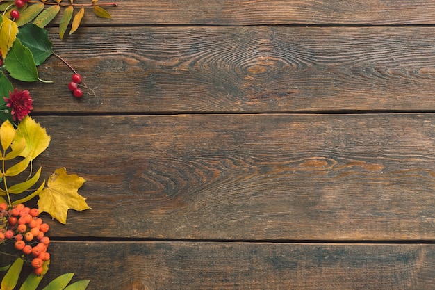 Les feuilles d'automne d'automne se mélangent sur un mur en bois rustique