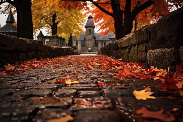 Feuilles d'automne aux couleurs vives éparpillées sur un chemin pavé menant à un cimetière