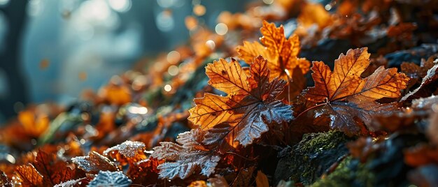 Les feuilles d'automne brillent dans la douce lumière dorée du coucher du soleil.