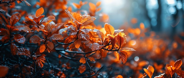 Les feuilles d'automne brillent dans la douce lumière dorée du coucher du soleil.