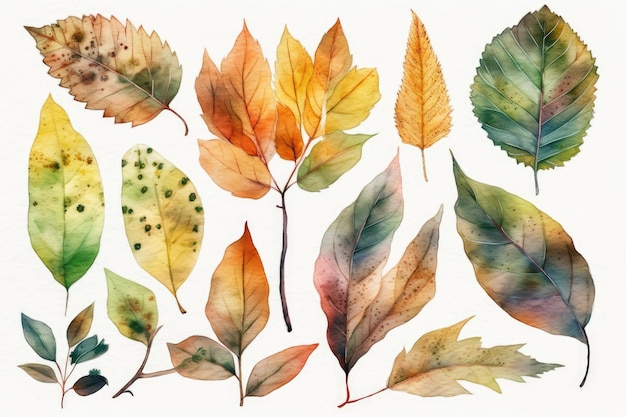 Feuilles d'automne colorées sur fond blanc AI générative