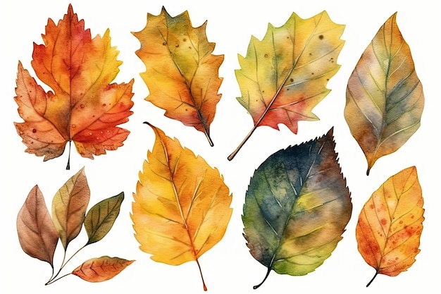 Feuilles d'automne colorées isolées sur fond blanc AI générative