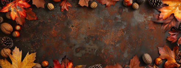 Les feuilles d'automne colorées, les noix et les cônes de pin, la bordure inférieure sur un fond de bannière sombre rustique.
