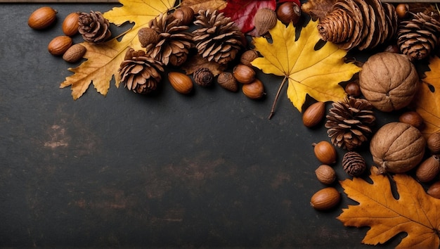 Des feuilles d'automne colorées, des noix et des cônes de pin, une double bordure sur un fond de bannière sombre rustique.