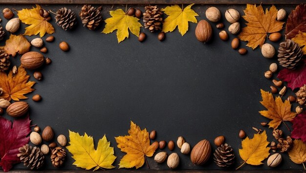 Des feuilles d'automne colorées, des noix et des cônes de pin, une double bordure sur un fond de bannière sombre rustique.