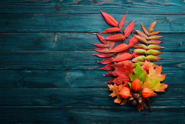 Feuilles d'automne colorées à plat sur un fond en bois bleu Vue de dessus Espace libre pour votre texte