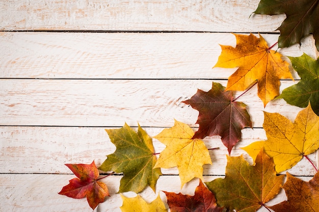 Feuilles d&#39;automne colorées sur une surface en bois