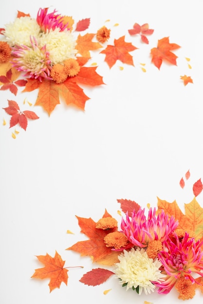 Photo feuilles d'automne et composition de fleurs sur fond blanc