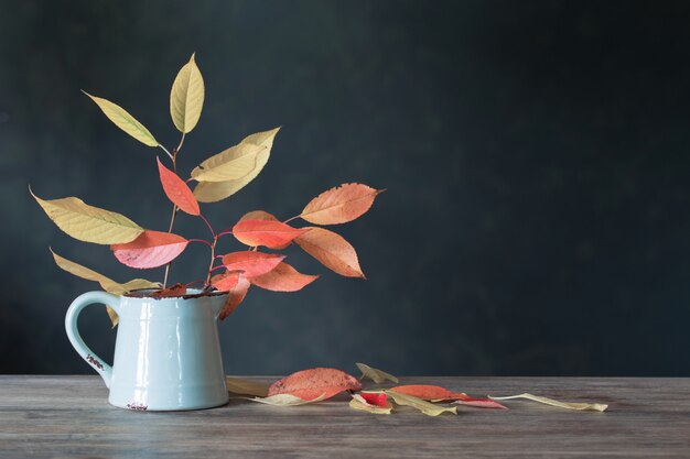 Feuilles d'automne en cruche sur table en bois sur dark