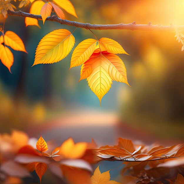 Feuilles d'automne dans la lumière du soleil du matin flou avec arrière-plan abstrait flou bokeh